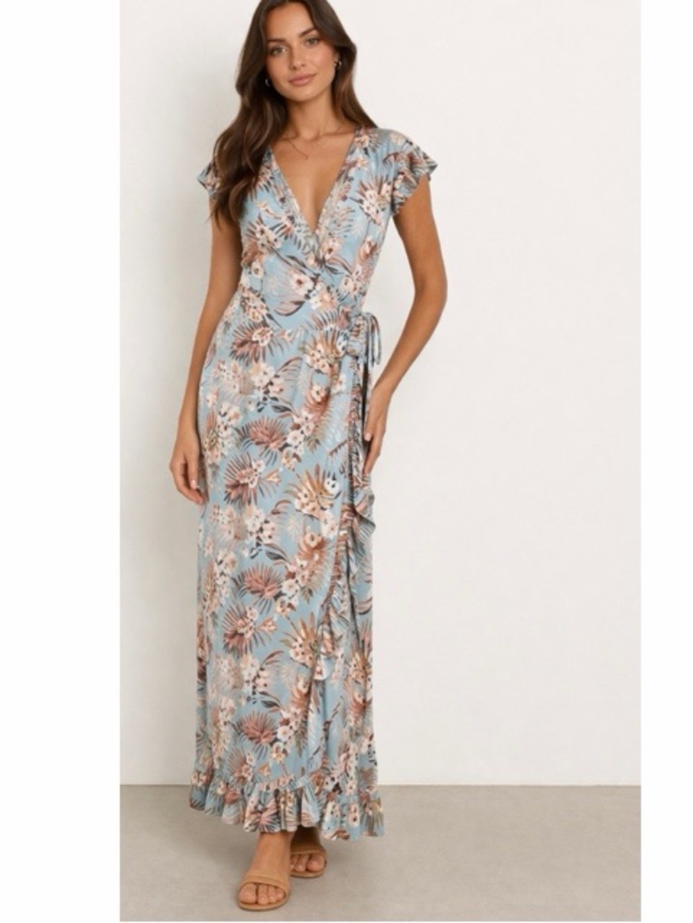 Storia Tropical Wrap Ruffle Maxi Dress